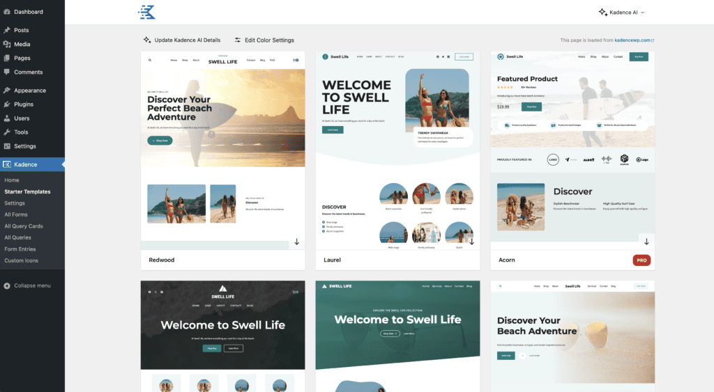 Screenshot of Kadence WordPress Starter Templates backend